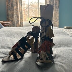 Marc Jacobs Black Lace-Up Heeled Sandals with Multi-Color Tassels